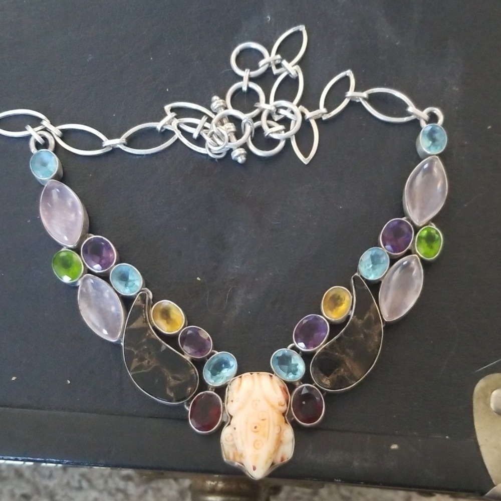 Multi gemstone and bone frog statement necklace
